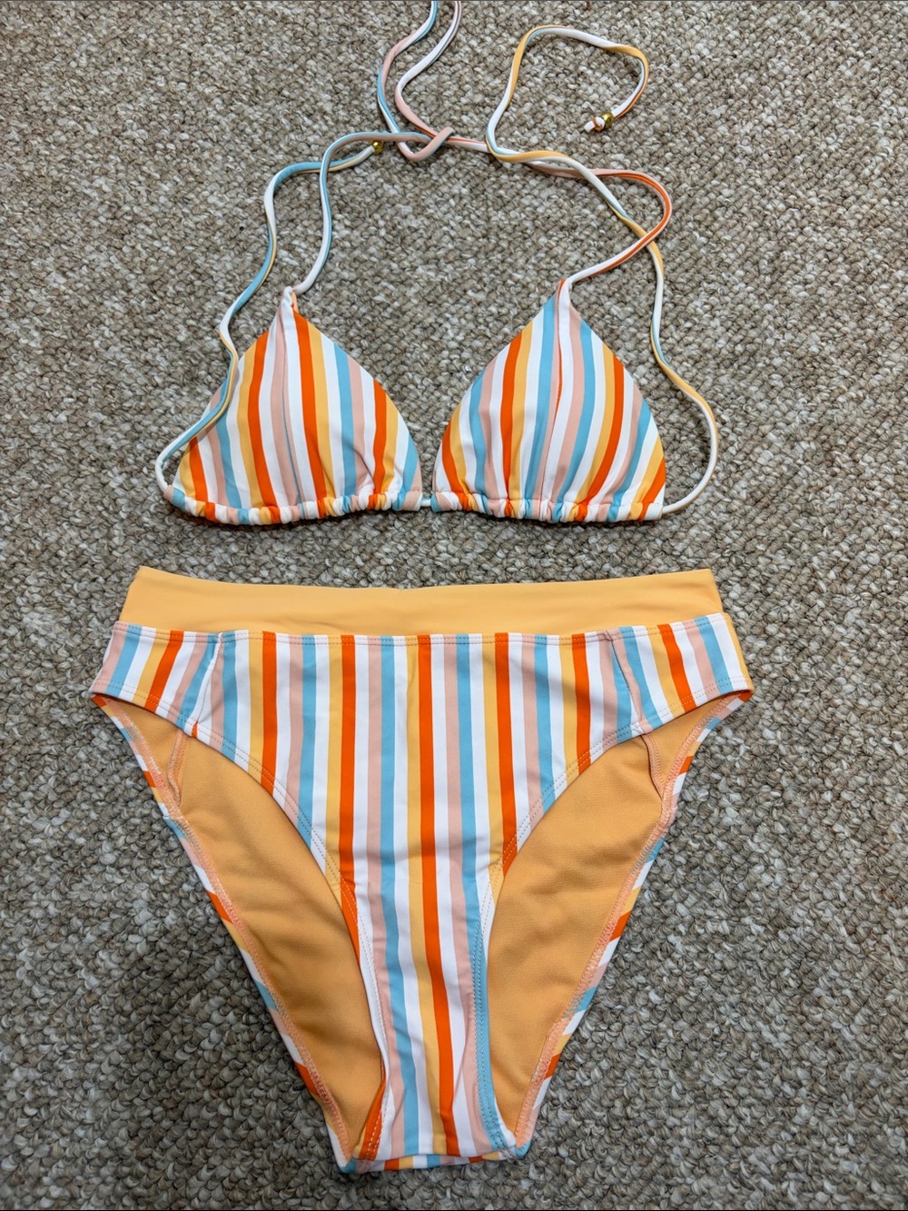 Striped Triangle Bikini Set in Orange, Blue & White